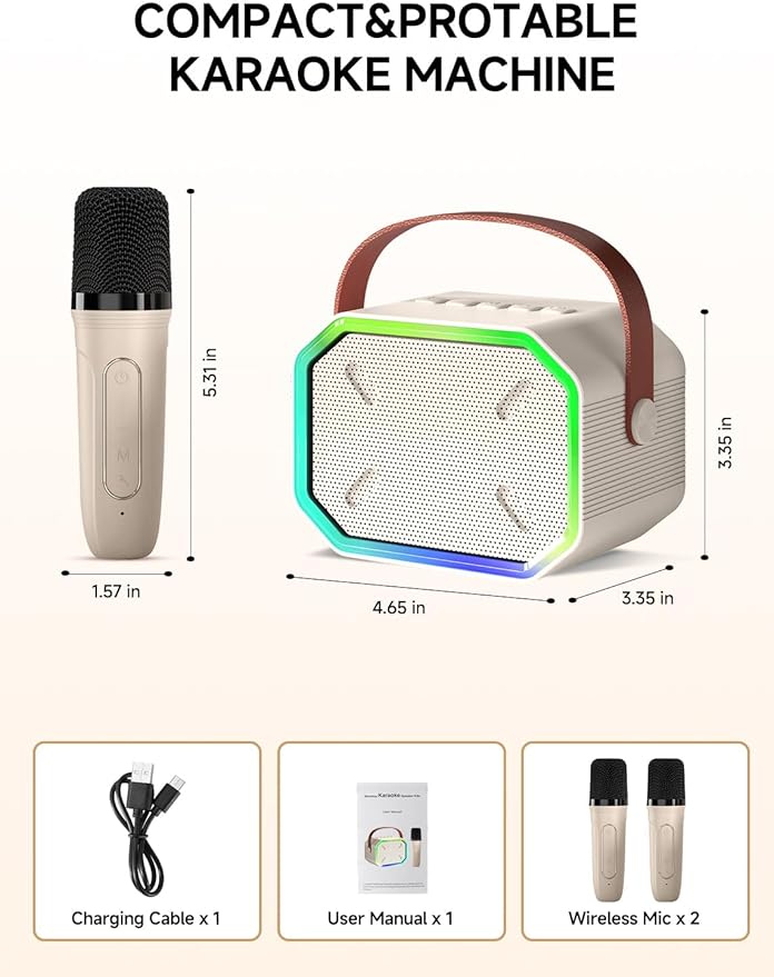 EchoNova Portable Karaoke Speaker with 2 Wireless Mics & Light Show – Bluetooth LED Speaker (Beige)