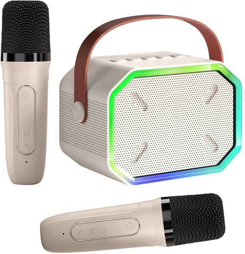 EchoNova Portable Karaoke Speaker with 2 Wireless Mics & Light Show – Bluetooth LED Speaker (Beige)