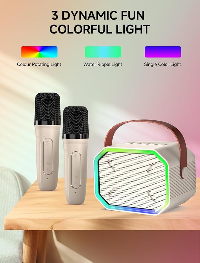 EchoNova Portable Karaoke Speaker with 2 Wireless Mics & Light Show – Bluetooth LED Speaker (Beige)