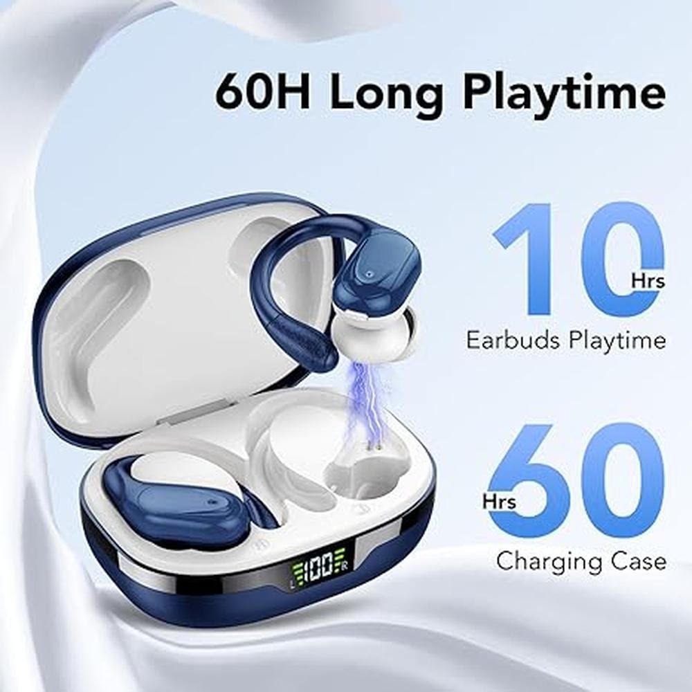 Sports Wireless Earbuds – Bluetooth 5.3 Headphones, 60H Playtime, Digital Display, Waterproof Earhook Design (Blue)